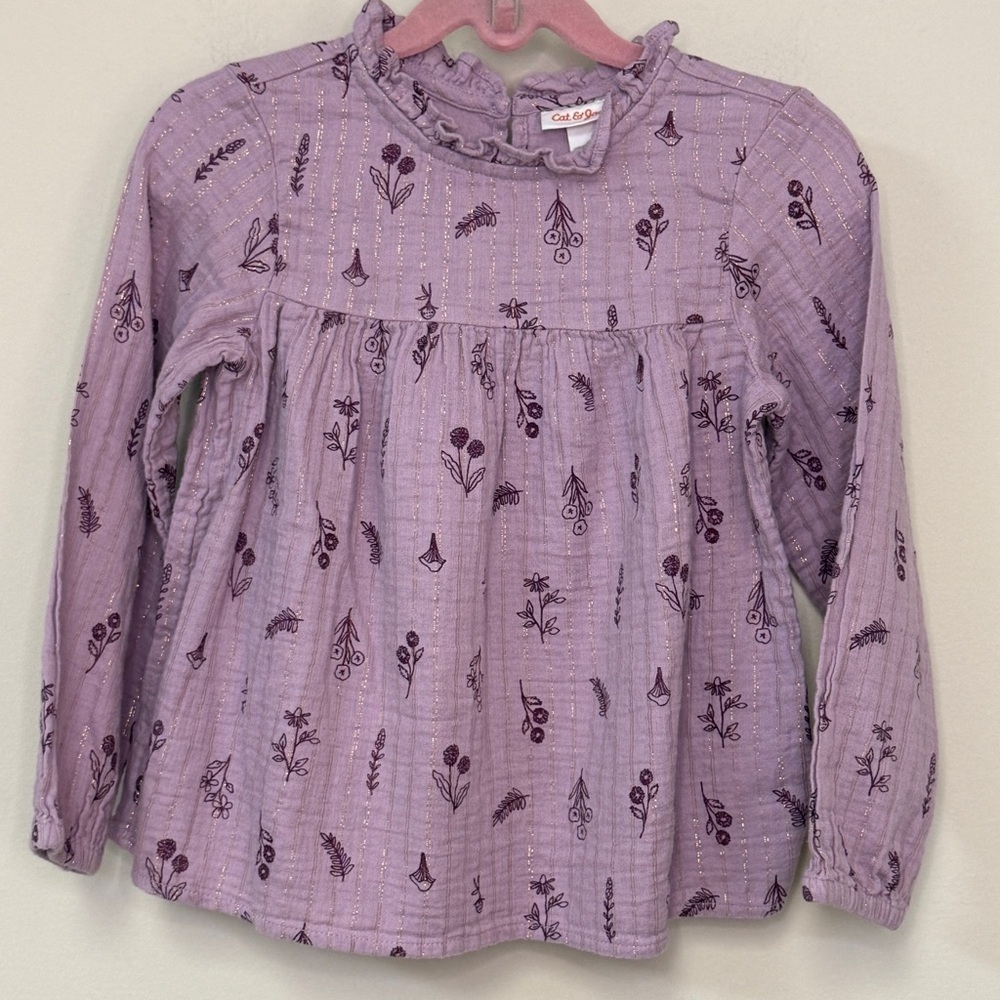Cat&Jack: Girls Purple Floral LS Shirt w/ Gold Metallic, XS(4/5)